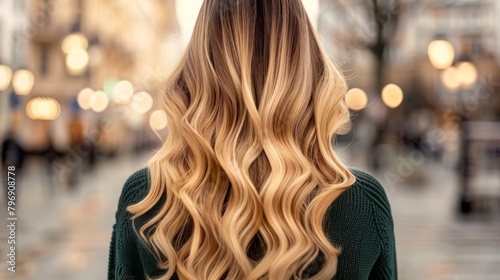 Woman from the back with balayage ombre hair dye technique, featuring a gradual transition from darker roots to lighter ends photo