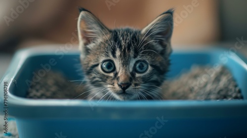 A small kitten sitting in a blue container with sand. Generative AI.