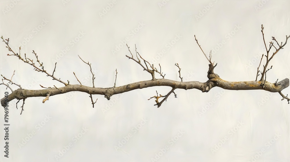 A bird perched on a leafless branch against a gray backdrop A bird perched on a leafless branch against a gray backdrop