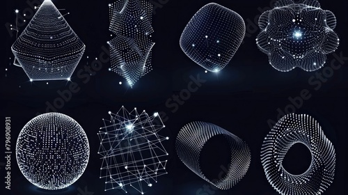 Set of geometric shapes for design. Crystal, sphere, torus, cube and wave made up of small particles. Objects with dots. Grid. Connection structure for education and science.