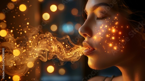   A woman, surrounded by numerous lights, smokes a cigarette with an ample plume of smoke escaping her mouth photo