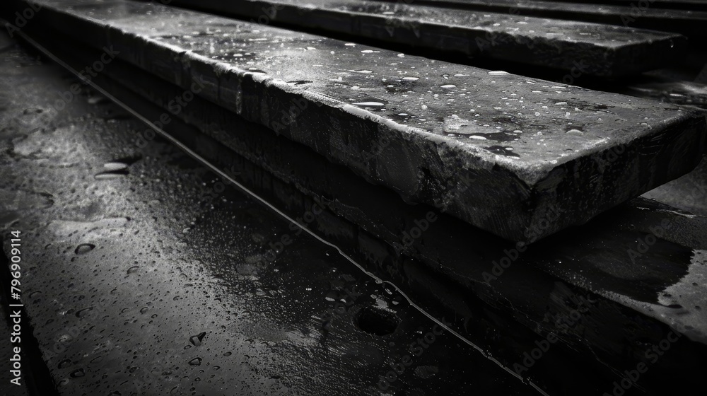 A monochrome image of train tracks dotted with water drops on the rails and ground A monochrome image of train tracks dotted with water drops on the rails and ground