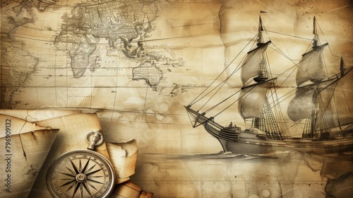 Charting the Past: Ancient Sailboat, Compass, and Historic Map. This concept unearths the realm of sea voyages, discoveries, pirates, sailors, geography, and history