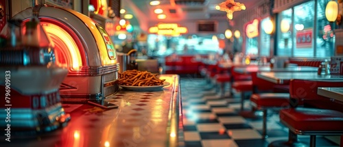 A diner with a jukebox and some food on the counter. Generative AI.