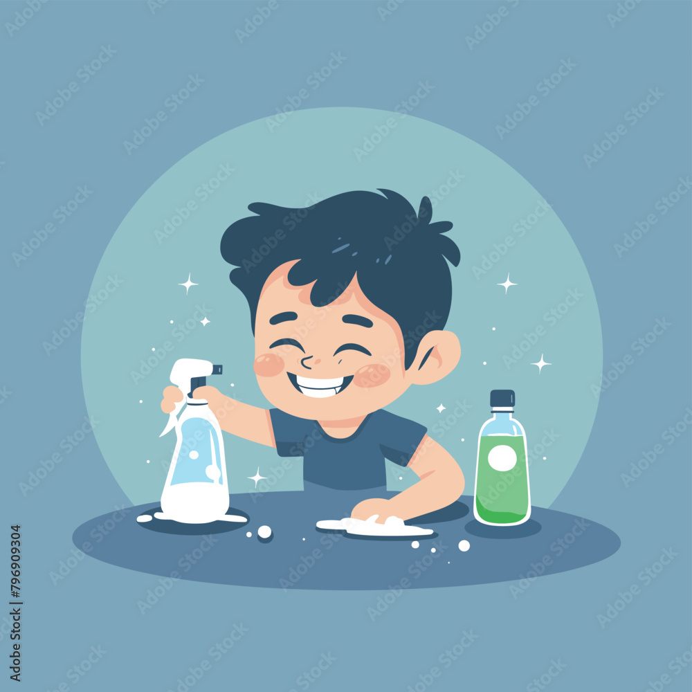 Cute young boy doing cleaning flat vector illustration Cute young boy doing cleaning flat vector illustration