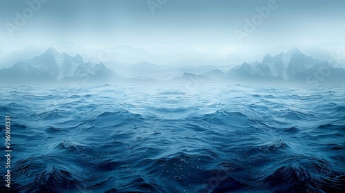   A large body of water with mountains in the distance and a foggy sky overhead photo