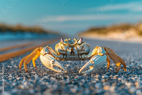 A crab is standing on the road with its legs spread out. Generative AI. photo