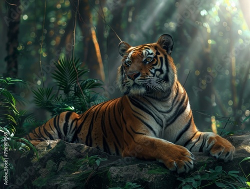 A tiger laying on a rock in the middle of some trees. Generative AI.