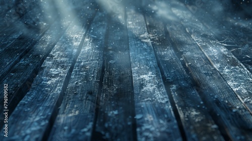   A crisp image of a wooden floor covered in snowflakes, with additional snowflakes delicately falling off photo