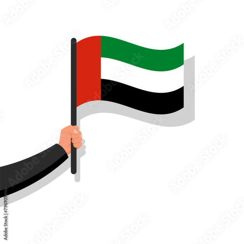 Man holding in hand national flag of United Arab Emirates. 2 December independence Day UAE, greeting card. Vector illustration flat style design. Spirit of union.