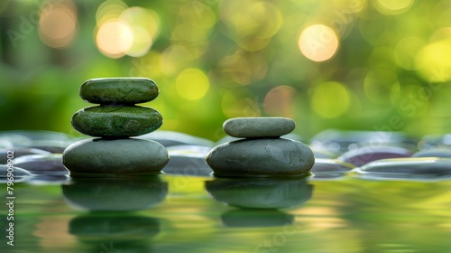  A collection of boulders balanced atop one another in a watery expanse, surrounded by trees behind