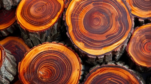  A stack of chopped logs aligned beside one another atop a woodpile of stumps photo