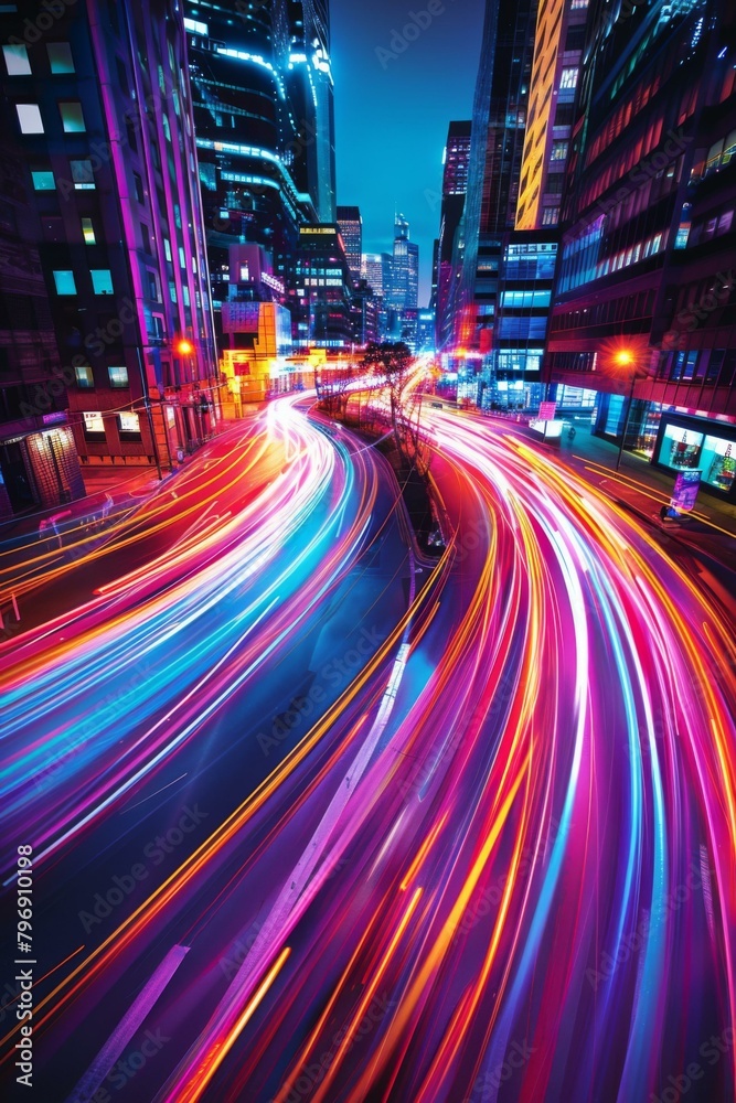 Fototapeta premium A city street with streaks of light from cars driving down it. Generative AI.