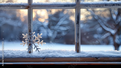  A snowflake atop a window sill, before a window encased in snow photo
