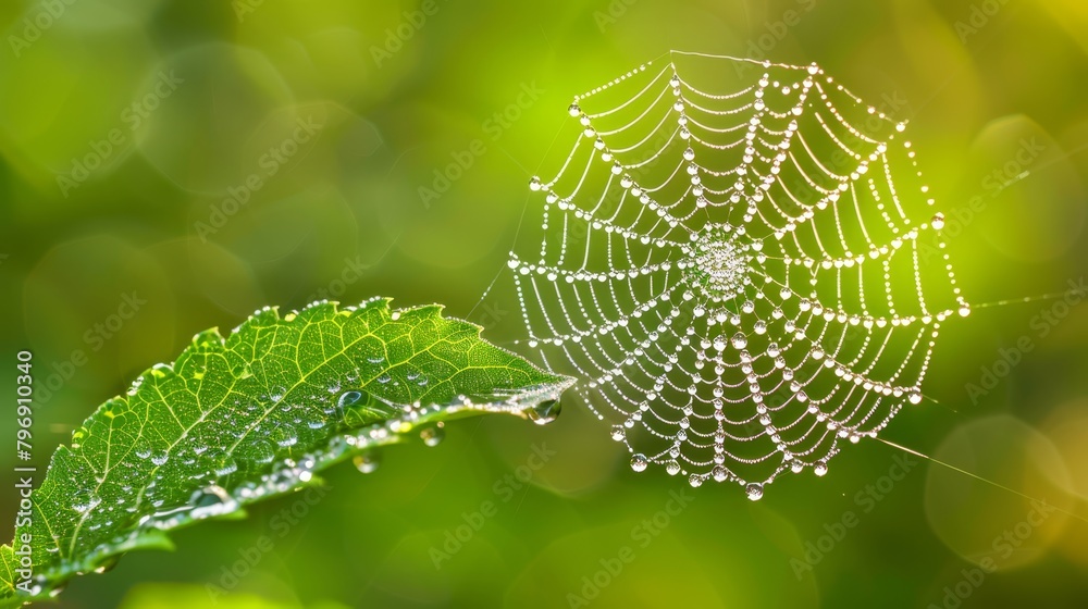   A tight shot of a dew-laden spider web gracing a green leaf, with droplets clinging to each strand