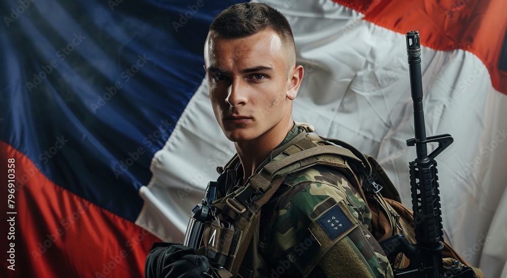 Fototapeta premium French soldier stands by flag, tactical gear and assault rifle.