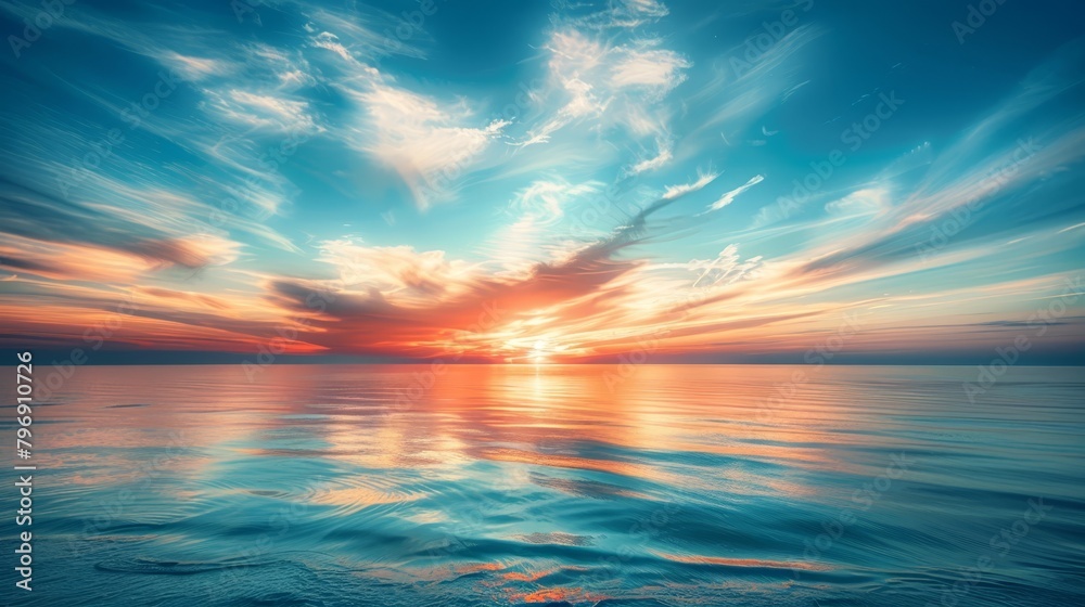   A vast expanse of water with a sky dotted with clouds, the sun sinking in its center