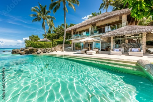 A pool with a beach house and palm trees in the background. Generative AI.