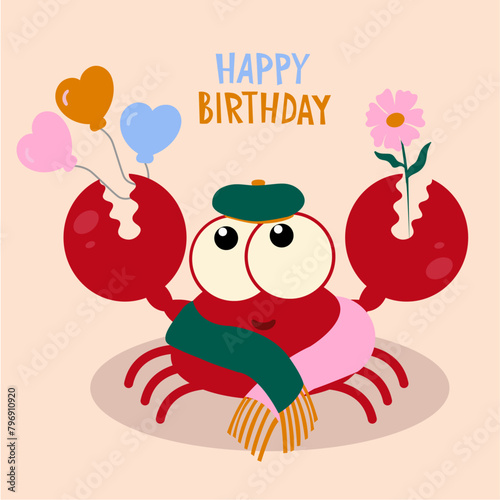 Flat Design Happy Birthday Illustration with Crab wearing  Beret,Scarf Holding Balloons,Flower photo