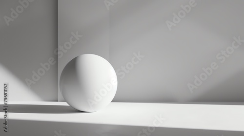 A white sphere sits on a white table in a white room. © Naphol