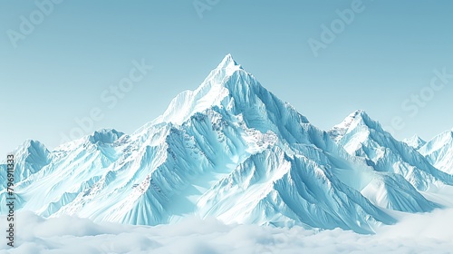  A towering mountain, encased in snow, floats amidst a sea of clouds The backdrop is a clear blue sky