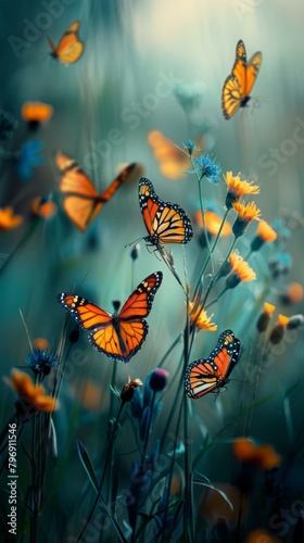 A group of butterflies are flying around a bunch of flowers. Generative AI. © serg3d