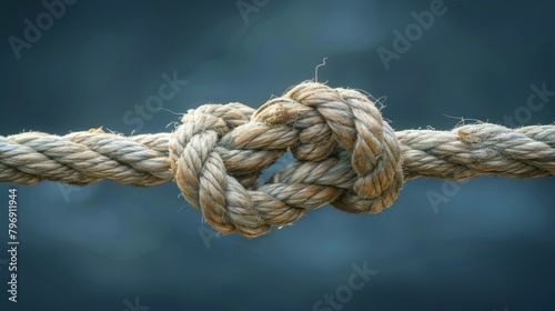 A knotted rope end against a blue backdrop - close-up