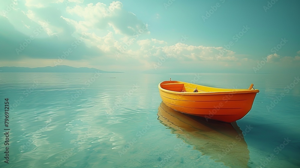   A boat floats on tranquil water, surrounded by a clear blue sky dotted with fluffy clouds