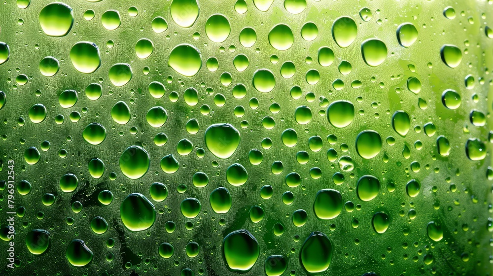   A tight shot of water droplets clinging to a green windowpane Behind it, a lush backdrop of grass and trees