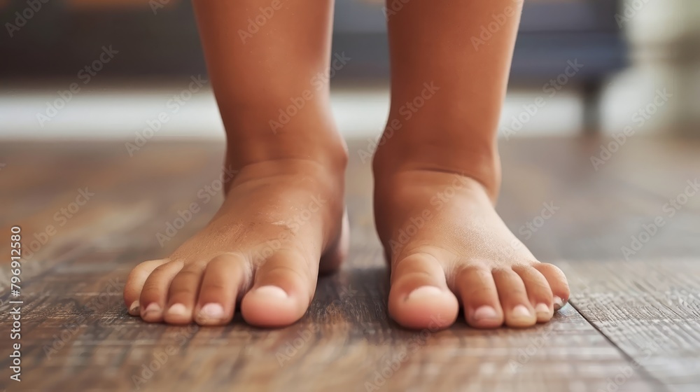 A tight shot of a child's bare feet on a weathered wooden floor A chair is visible in the background A tight shot of a child's bare feet on a weathered wooden floor A chair is visible in the background