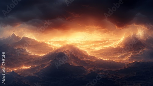   A sunset painting over a vast water body with mountains ranging in its heart photo