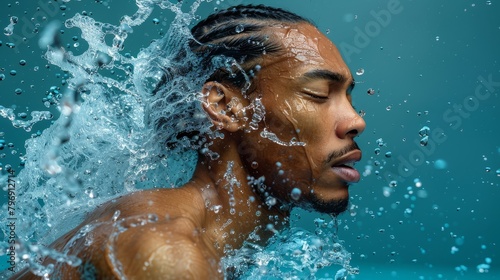   A man submerged waist-deep in water, head lifted high, water splashes enthusiastically around him photo