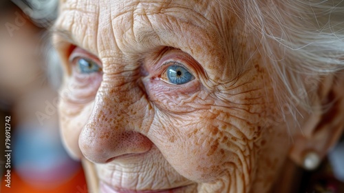  A tight shot of a woman's face, displaying expressions of age through wrinkles around the eyes, characterized by deep blue gaze