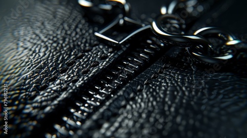   A tight shot of a black leather bag's zipper, featuring a red tag centrally positioned photo