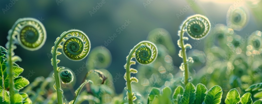 Sprouting fern fronds in sunlit forest