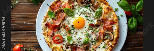 Pizza with Mushrooms, Bacon and Egg on White Plate Isolated, Italian Carbonara Pizza