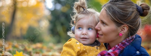 Banner blonde little girl with cochlear implant playing with her mother outdoor. Hear impairment deaf and health concept. Diversity and inclusion. Copy space photo