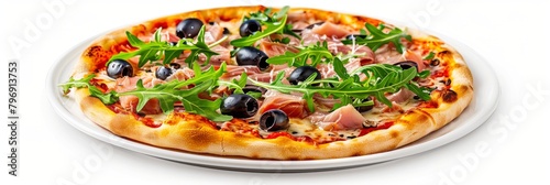 Pizza with Tuna, Black Olives and Fresh Arugula, Traditional Italian Seafood Pizza with Yellowfin Meat
