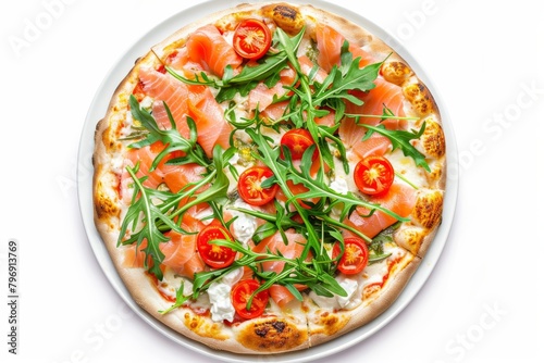 Pizza with Salmon, Cream Cheese and Fresh Rucola Leaves Isolated, Traditional Italian Whole Round Flatbread