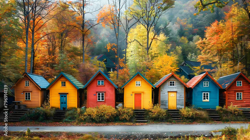A row of colorful wooden houses in the woods, with autumn colors and a scenic forest background in the style of a travel magazine. Community connection and resilience, neighbors support one another du © Klymentii