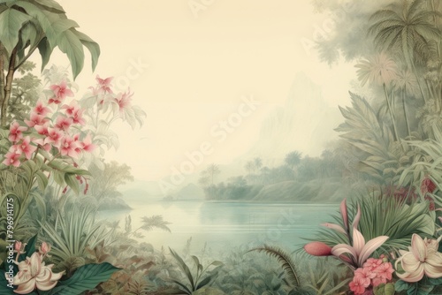 Flowers garden by lake landscape outdoors painting.
