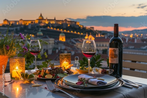 Served Dinner Table on Roof Terrace, Evening Food with Wine, Romantic Candles, Old Town View © artemstepanov