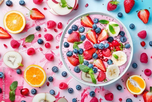 Colorful  nutrient-rich breakfast cereal in the kitchen  mixing oatmeal and berries for a natural  fiber-rich meal that is both tasty and perfect for health-conscious individuals.