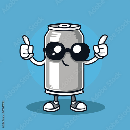 Cute soda can cartoon character with sunglasses flat vector illustration