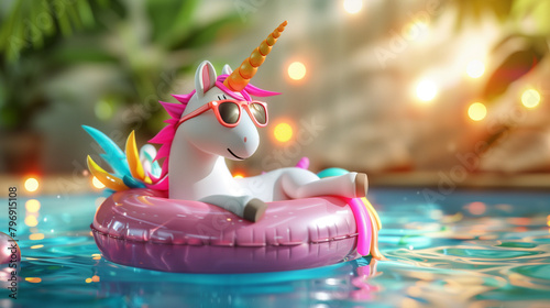 cute unicorn on an inflatable ring in the pool on vacation