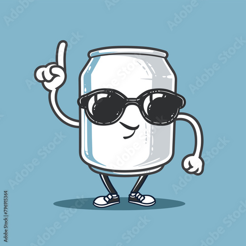 Cute soda can cartoon character with sunglasses flat vector illustration