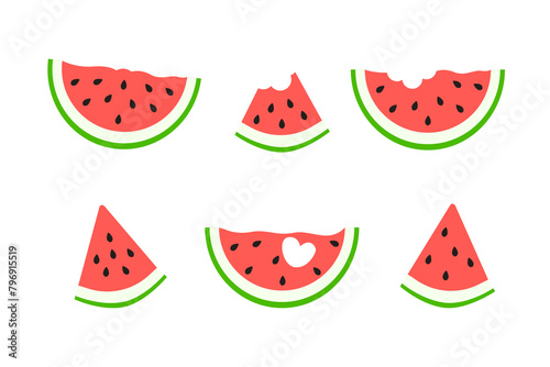 A set of icons of sliced ripe watermelon slices in a flat style. Vector