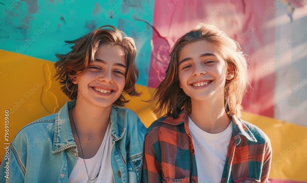 Happy laughing teenagers against a background of a bright wall Happy laughing teenagers against a background of a bright wall