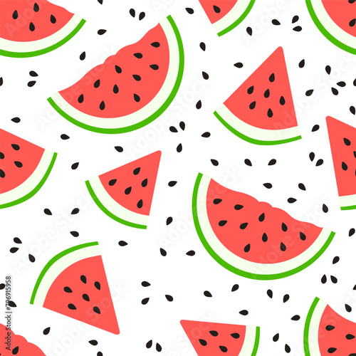 Vector seamless pattern with the image of halves, slices and triangles of ripe red watermelon