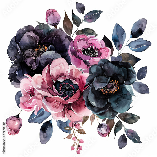 beautiful painted watercolor flowers bouquet in pink and black